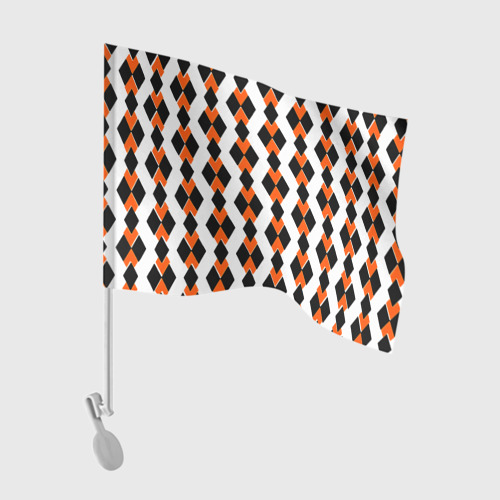 Флаг для автомобиля с принтом Чёрные и оранжевые ромбы на белом фоне, вид спереди №1