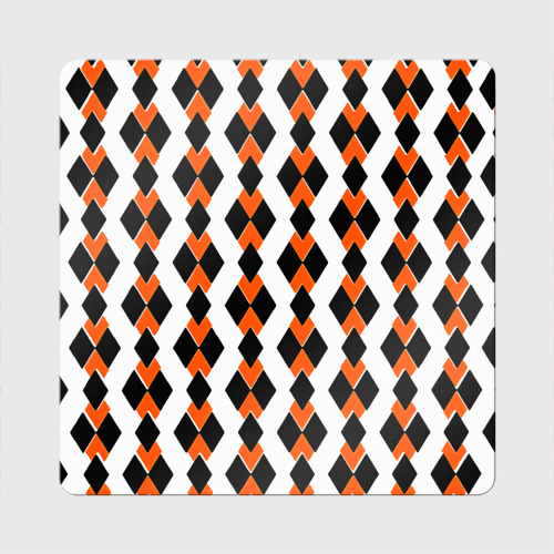 Магнит виниловый Квадрат с принтом Чёрные и оранжевые ромбы на белом фоне, вид спереди №1
