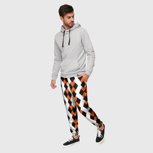 Мужские брюки 3D Чёрные и оранжевые ромбы на белом фоне, цвет 3D печать - фото 3