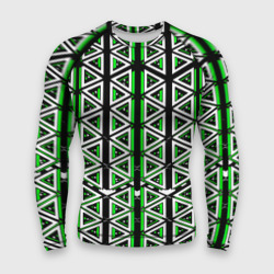 Бело-зелёные треугольники на чёрном фоне – Мужской рашгард 3D с принтом купить