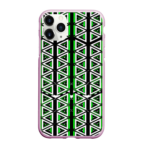 Чехол для iPhone 11 Pro Max матовый с принтом Бело-зелёные треугольники на чёрном фоне, вид спереди №1