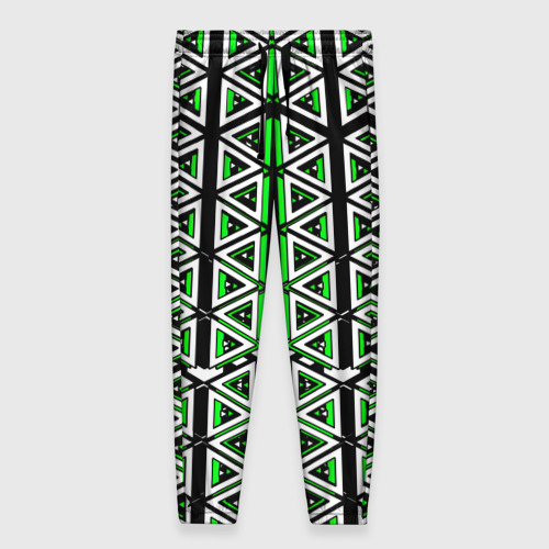 Женские брюки с принтом Бело-зелёные треугольники на чёрном фоне, вид спереди №1