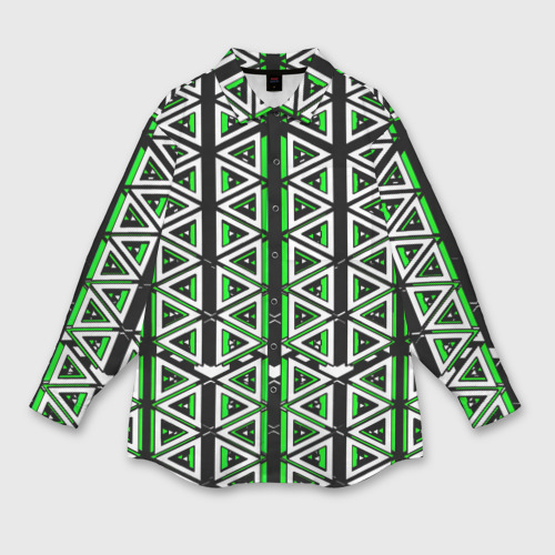 Женская рубашка оверсайз с принтом Бело-зелёные треугольники на чёрном фоне, вид спереди №1