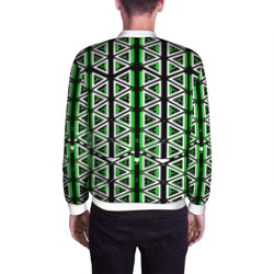 Бомбер с принтом Бело-зелёные треугольники на чёрном фоне для мужчины, вид на модели сзади №2. Цвет основы: белый