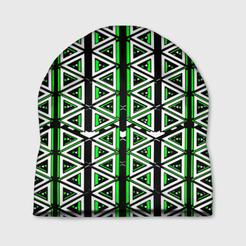 Шапка с принтом Бело-зелёные треугольники на чёрном фоне, вид спереди №1