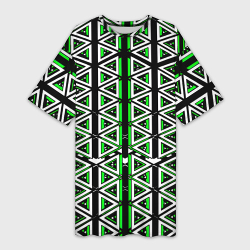 Платье-футболка с принтом Бело-зелёные треугольники на чёрном фоне, вид спереди №1