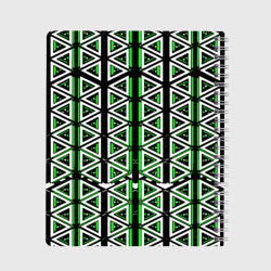 Тетрадь с принтом Бело-зелёные треугольники на чёрном фоне для любого человека, вид сзади №1. Цвет основы: крупная клетка