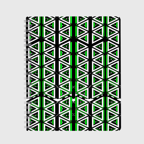 Тетрадь с принтом Бело-зелёные треугольники на чёрном фоне, вид спереди №1