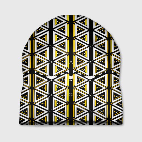 Шапка с принтом Жёлто-белые треугольники на чёрном фоне, вид спереди №1