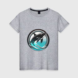 Женская футболка хлопок Дельфин в пучине морских волн