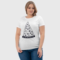 Футболка с принтом Pizza illuminati для женщины, вид на модели спереди №4. Цвет основы: белый