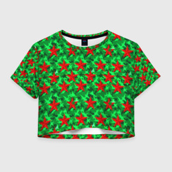 Женская футболка Crop-top 3D Красные звезды победы на зеленом камуфляже