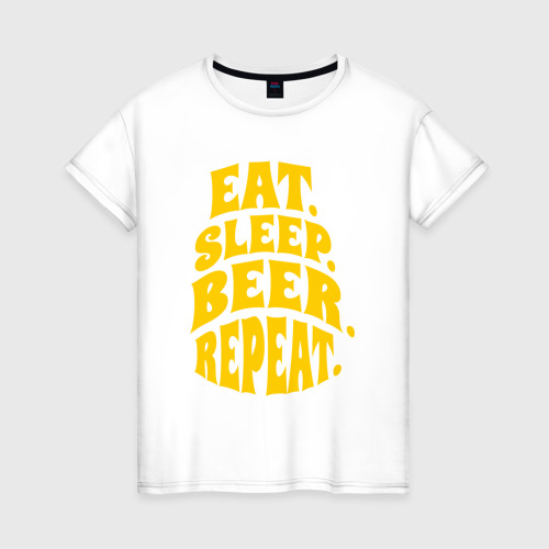 Женская футболка из хлопка с принтом Еда сон пивко, вид спереди №1