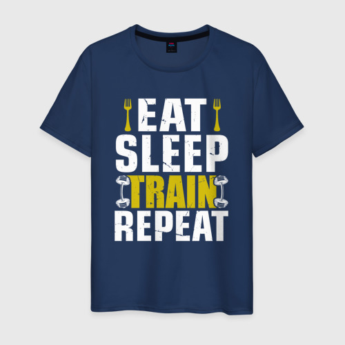 Мужская футболка из хлопка с принтом Eat sleep train, вид спереди №1