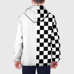 Куртка с принтом Content Warning шашечки для мужчины, вид на модели сзади №2. Цвет основы: белый