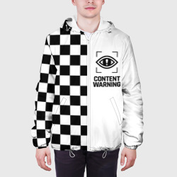 Куртка с принтом Content Warning шашечки для мужчины, вид на модели спереди №3. Цвет основы: белый