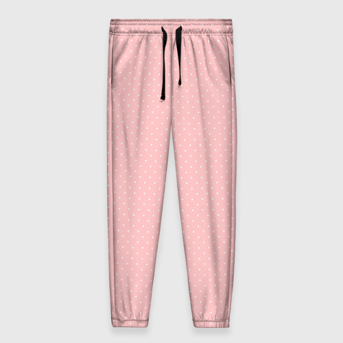 Женские брюки с принтом Светлый розовый в мелкий белый горошек, вид спереди №1