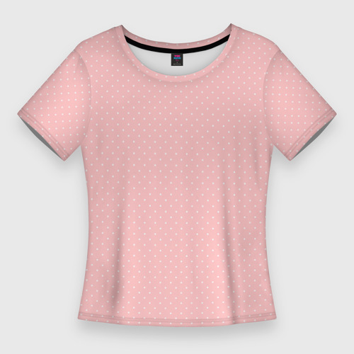 Женская приталенная футболка с принтом Светлый розовый в мелкий белый горошек, вид спереди №1