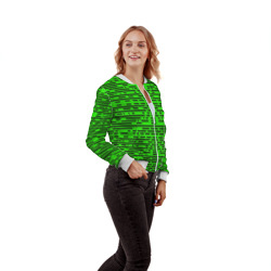 Бомбер с принтом Чёрные полосы на зелёном фоне для женщины, вид на модели спереди №3. Цвет основы: белый