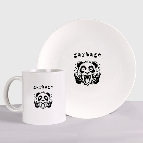 Набор: тарелка + кружка с принтом Garbage - rock panda, вид спереди №1
