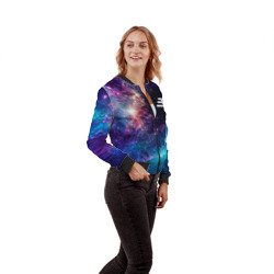 Бомбер с принтом Imagine Dragons space rock для женщины, вид на модели спереди №3. Цвет основы: черный
