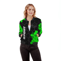 Бомбер с принтом Jaguar green sport hexagon для женщины, вид на модели спереди №2. Цвет основы: черный