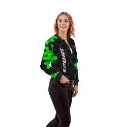 Бомбер с принтом Jaguar green sport hexagon для женщины, вид на модели спереди №3. Цвет основы: черный