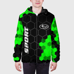 Куртка с принтом Subaru green sport hexagon для мужчины, вид на модели спереди №3. Цвет основы: черный