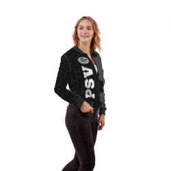 Бомбер с принтом PSV sport на темном фоне по-вертикали для женщины, вид на модели спереди №3. Цвет основы: черный