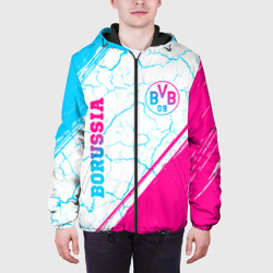 Куртка с принтом Borussia neon gradient style вертикально для мужчины, вид на модели спереди №3. Цвет основы: черный