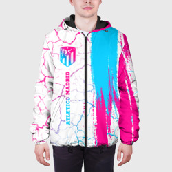 Куртка с принтом Atletico Madrid neon gradient style по-вертикали для мужчины, вид на модели спереди №3. Цвет основы: черный