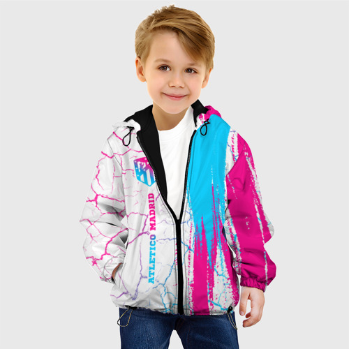 Детская куртка 3D с принтом Atletico Madrid neon gradient style по-вертикали, фото на моделе #1