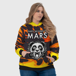 Толстовка с принтом Thirty Seconds to Mars рок панда и огонь для женщины, вид на модели спереди №4. Цвет основы: черный