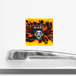 Магнит с принтом Thirty Seconds to Mars рок панда и огонь для любого человека, вид спереди №2. Цвет основы: белый