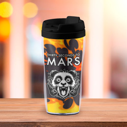Термокружка с принтом Thirty Seconds to Mars рок панда и огонь для любого человека, вид спереди №3. Цвет основы: черный