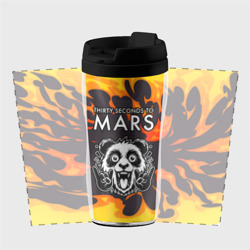 Термокружка с принтом Thirty Seconds to Mars рок панда и огонь для любого человека, вид спереди №2. Цвет основы: черный