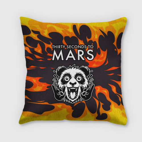 Подушка с принтом Thirty Seconds to Mars рок панда и огонь, вид спереди №1