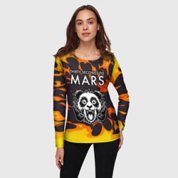 Лонгслив с принтом Thirty Seconds to Mars рок панда и огонь для женщины, вид на модели спереди №2. Цвет основы: белый
