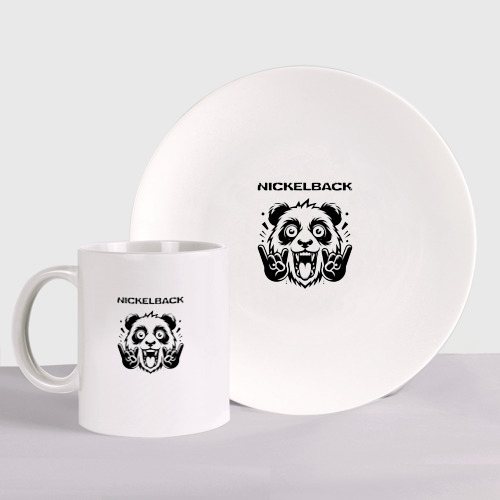 Набор: тарелка + кружка с принтом Nickelback - rock panda, вид спереди №1