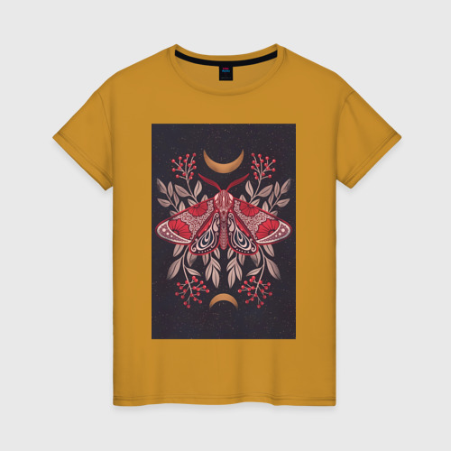 Женская футболка хлопок Бабочка в рябине, цвет горчичный