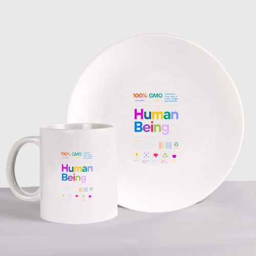 Набор: тарелка + кружка с принтом Человеческое существо - human being, вид спереди №1