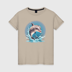 Милый дельфин на волнах – Женская футболка хлопок с принтом купить со скидкой в -20%