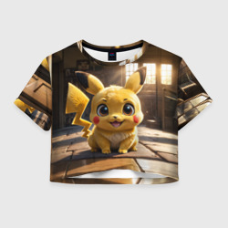 Женская футболка Crop-top 3D Пикачу сидит в комнате
