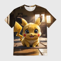Мужская футболка 3D Пикачу сидит в комнате
