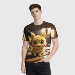 Мужская футболка 3D Пикачу сидит в комнате - фото 2