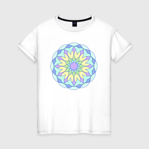 Женская футболка из хлопка с принтом Цветочная геометрическая мандала, вид спереди №1