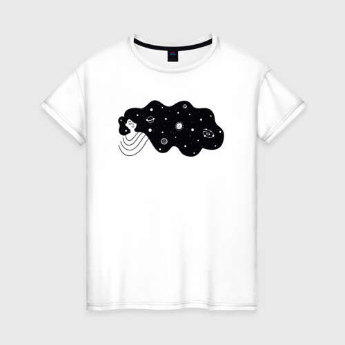 Женская футболка из хлопка с принтом Космос в волосах, вид спереди №1