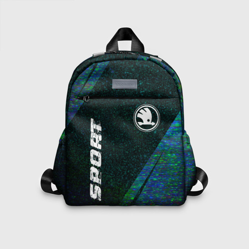Детский рюкзак с принтом Skoda sport glitch blue, вид спереди №1