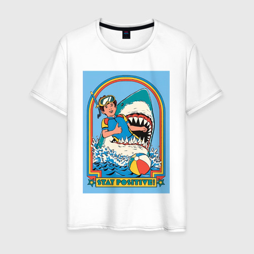 Мужская футболка из хлопка с принтом Мальчик с акулой позитив, вид спереди №1