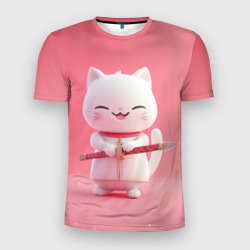 Мужская футболка 3D Slim Игрушечный белый кот с копьем
